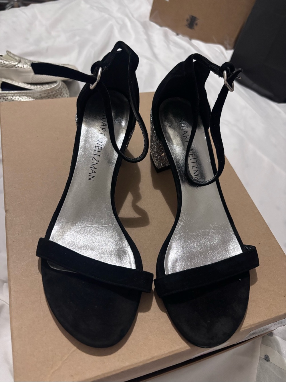 Stuart Weitzman Black Suede Ankle-Strap Sandals with Glitter Block Heel